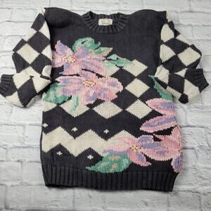 Vintage Ninon de Lenclos Floral Embroidered Harlequin Sleeve Sweater size Small